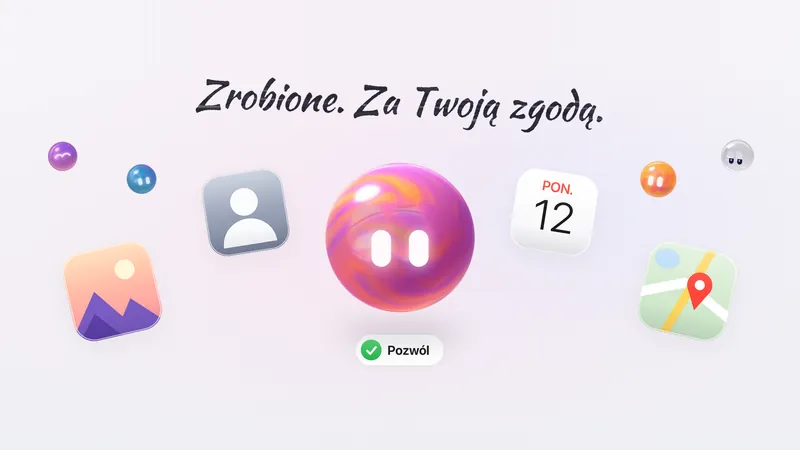 Hasło „Zrobione. Za Twoją zgodą.”, orb agenta DomaAI z przyciskiem „Pozwól” i kafle kontaktów, kalendarza, zdjęć i Map