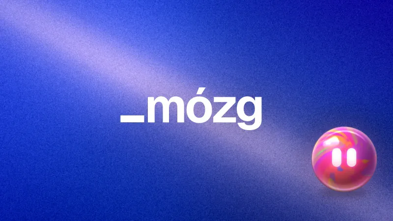 Napis „mózg” na granatowym tle i kolorowy orb agenta DomaAI z oczami