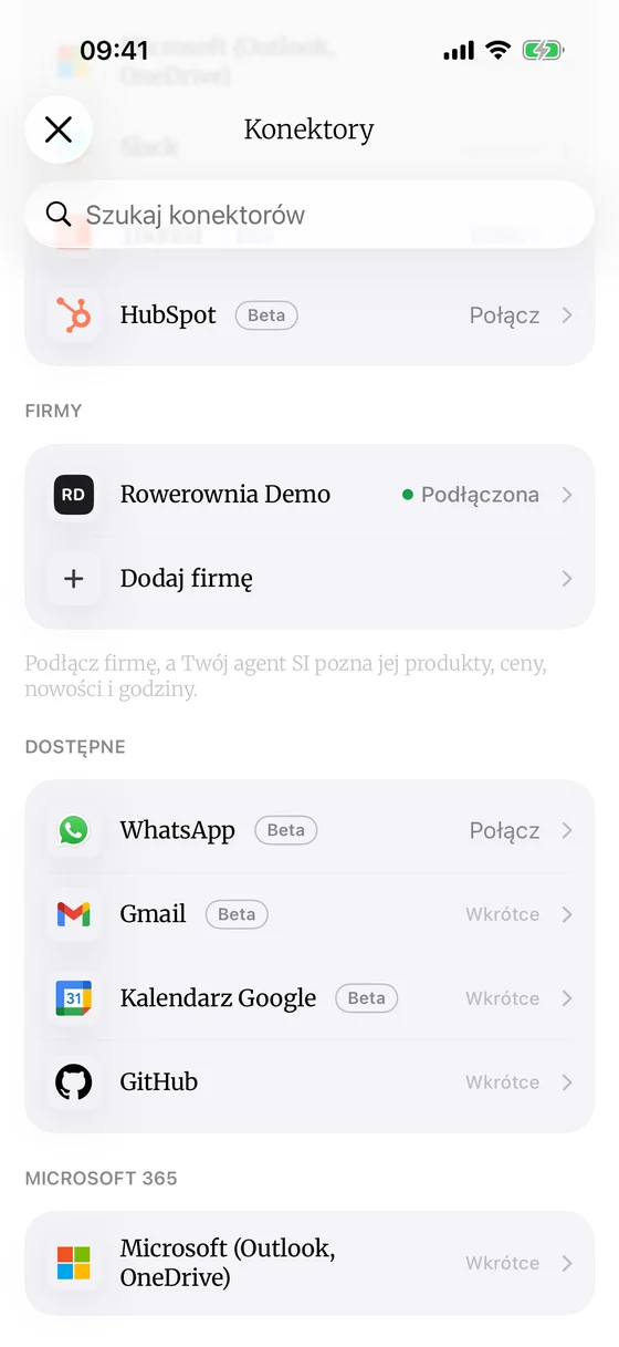 DomaAIアプリのコネクタ画面: 「企業」のセクションで Rowerownia Demo のステータスが「接続済み」