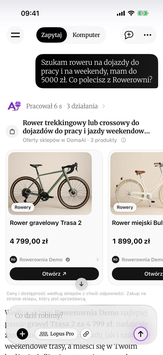 DomaAIアプリ: 接続済みのRowerownia Demoのオファーを使い、客のAIエージェントが自転車のサイズと色を答えています