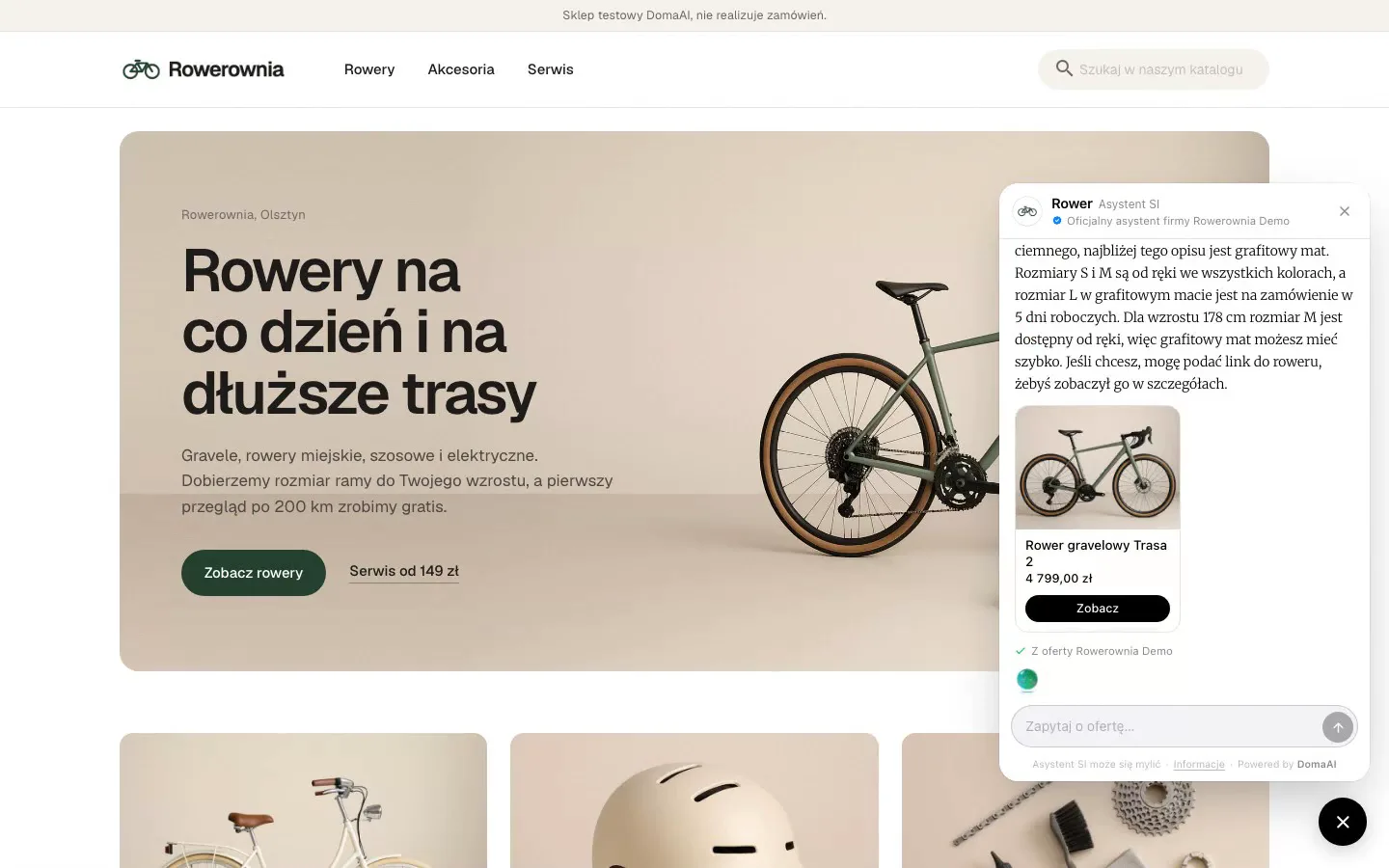 Testovací obchod Rowerownia s AI asistentem DomaAI v pravém dolním rohu stránky