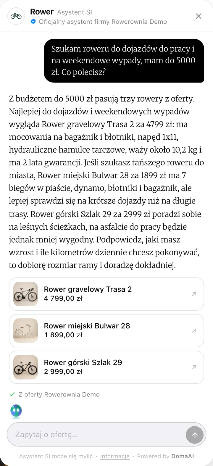 Okno AI asistenta v obchodě na telefonu: zákazník se ptá na kolo do 5000 PLN, asistent doporučí tři modely z nabídky