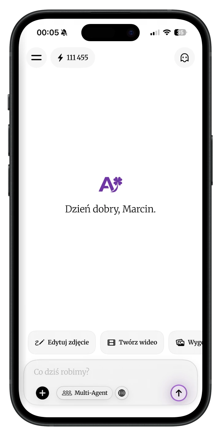 DomaAI na iPhonie: ekran powitalny z licznikiem kredytów, skrótami i polem rozmowy z Multi-Agentem