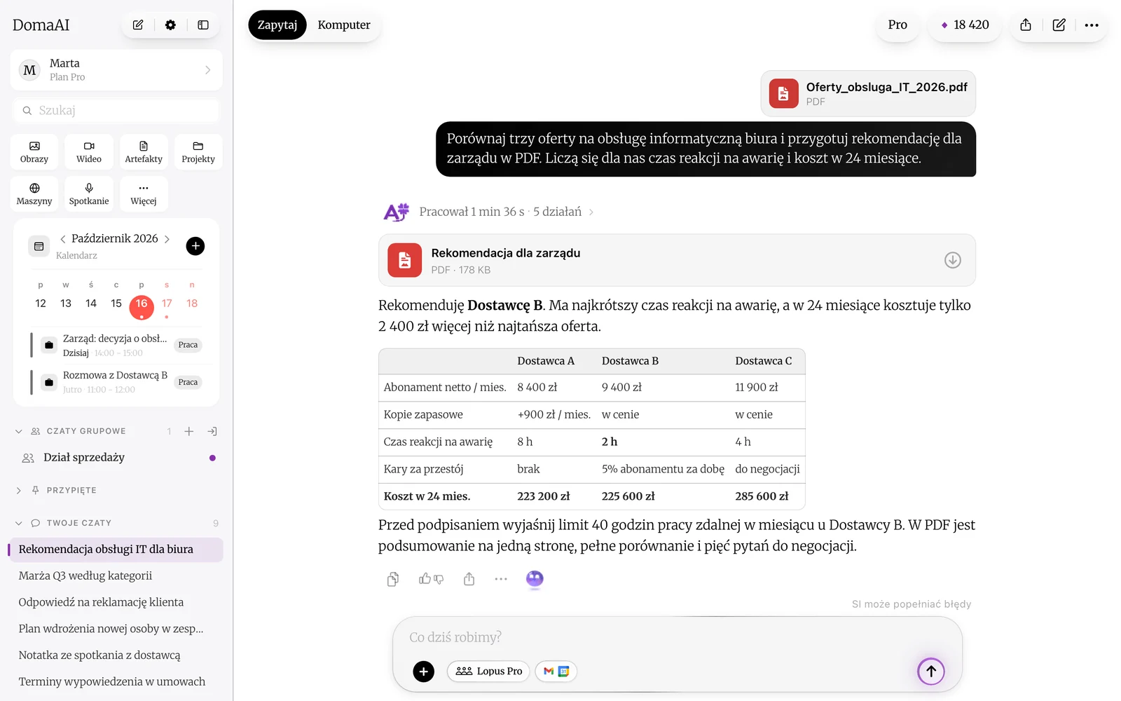 DomaAI v prohlížeči: rozhovor s žádostí o porovnání tří nabídek IT, odpověď s tabulkou nákladů a PDF soubor s doporučením
