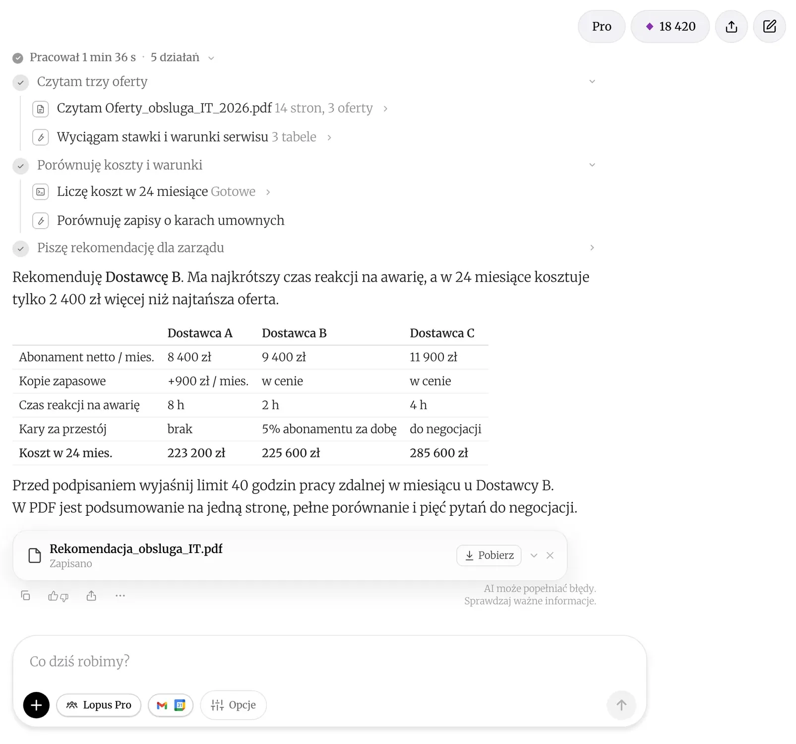 DomaAI v prohlížeči: průběh práce na úkolu (čtení nabídek, porovnání nákladů, doporučení) a hotový PDF soubor