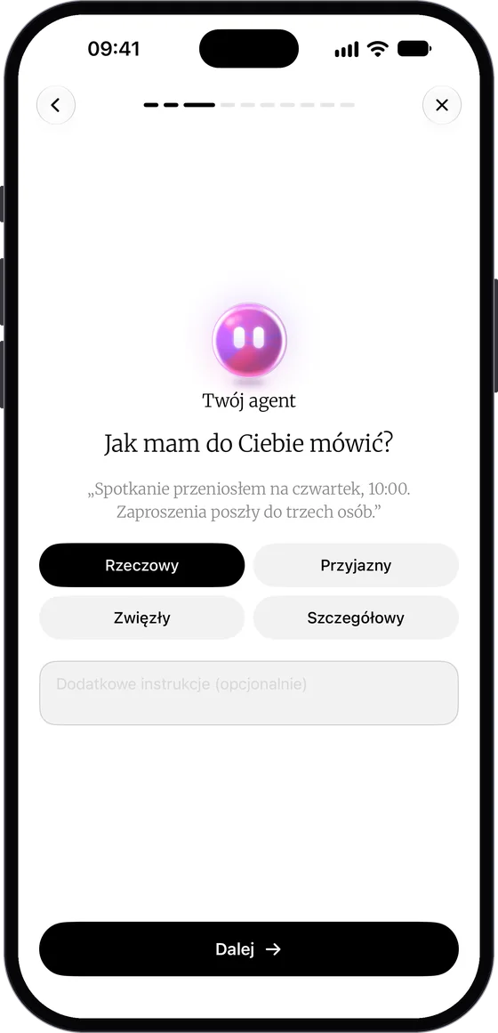 Ekran „Jak mam do Ciebie mówić?”: próbka zdania o spotkaniu w czwartek o 10:00, przyciski Rzeczowy, Przyjazny, Zwięzły i Szczegółowy oraz pole „Dodatkowe instrukcje (opcjonalnie)”