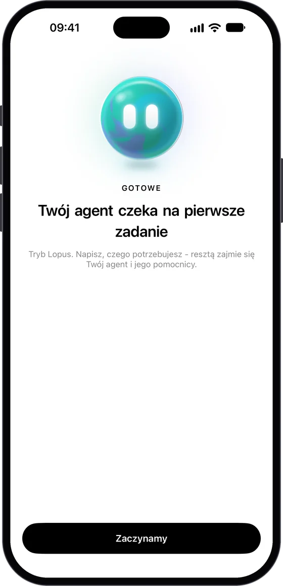 Ekran końcowy konfiguratora z dużym turkusowym orbem, napisem „GOTOWE” i przyciskiem „Zaczynamy”