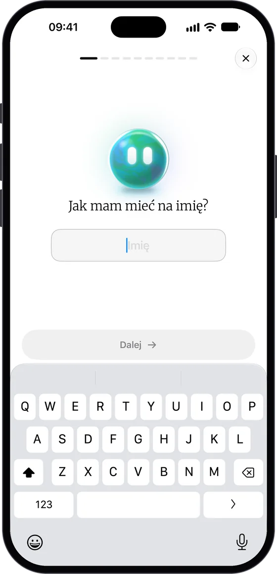 Ekran „Jak mam mieć na imię?” z turkusowo-zielonym orbem nad pustym polem „Imię”