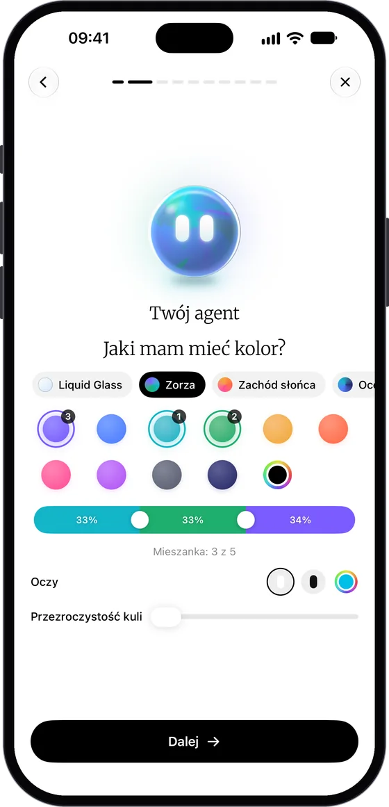 Ekran „Jaki mam mieć kolor?”: wybrana mieszanka Zorza, siatka kolorów z numerami, pasek udziałów 33%, 33% i 34%, wybór oczu i suwak przezroczystości kuli