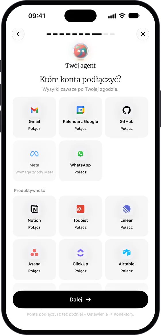 Krok „Które konta podłączyć?” w konfiguratorze agenta: kafle Gmail, Kalendarz Google, GitHub, Meta z podpisem „Wymaga zgody Meta” i WhatsApp, a niżej sekcja Produktywność z Notion, Todoist, Linear, Asana, ClickUp i Airtable
