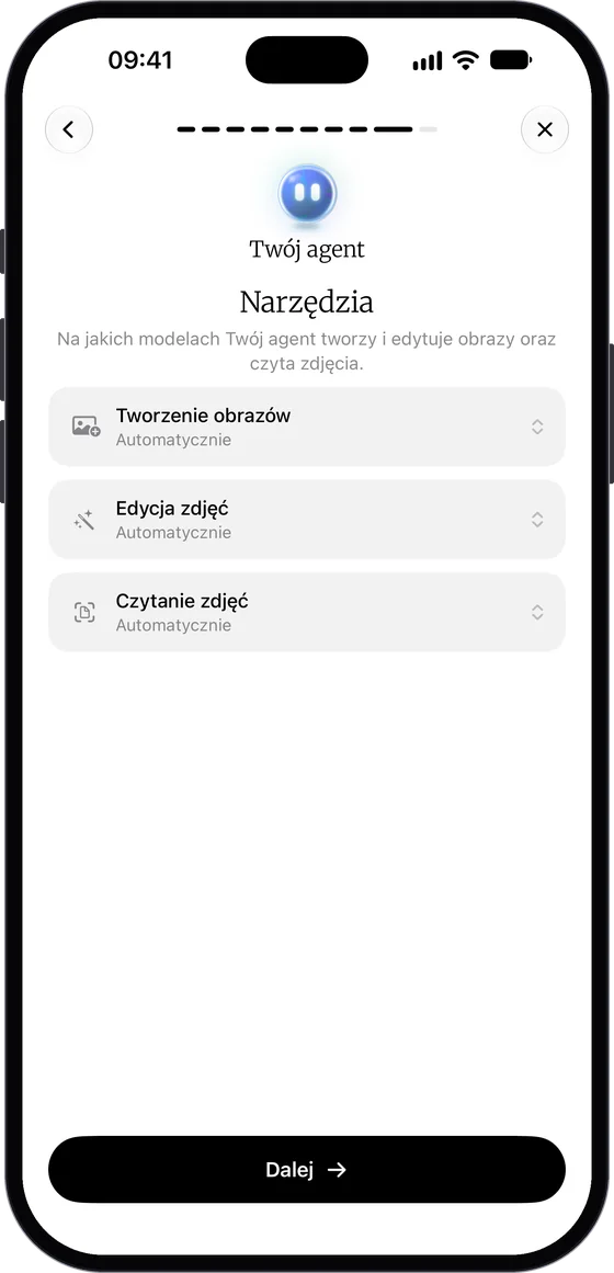 Ekran „Narzędzia” z trzema menu: „Tworzenie obrazów”, „Edycja zdjęć” i „Czytanie zdjęć”, każde ustawione na „Automatycznie”