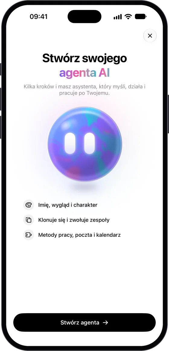 Ekran powitalny konfiguratora z dużym kolorowym orbem, napisem „Stwórz swojego agenta AI” i przyciskiem „Stwórz agenta”