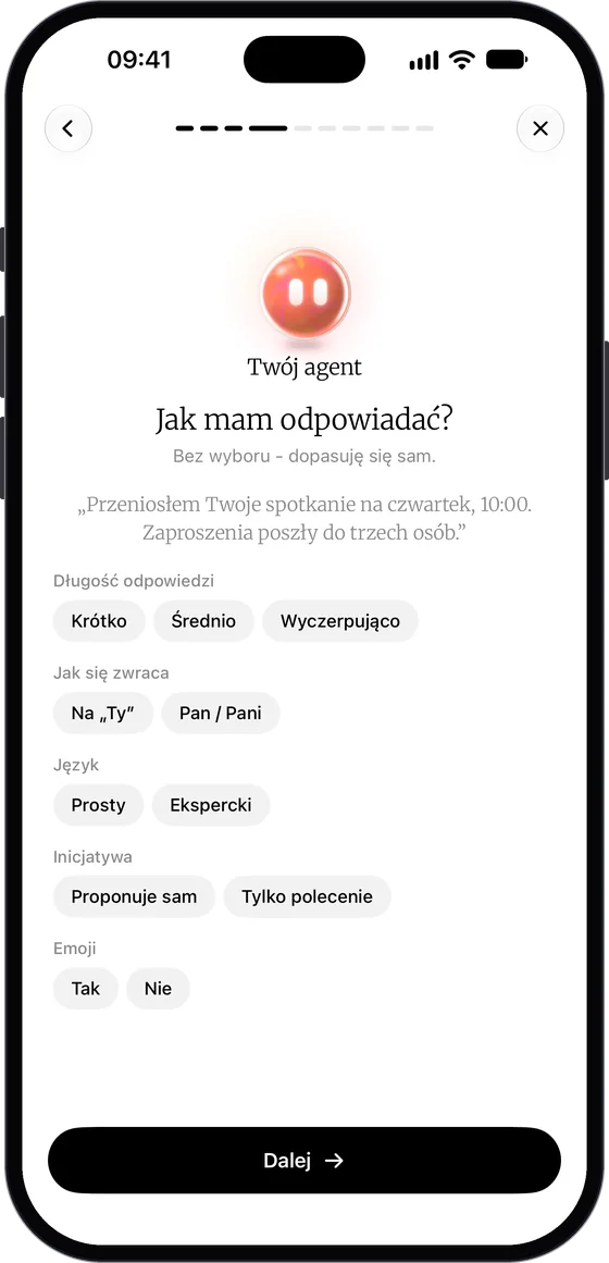 Ekran „Jak mam odpowiadać?” z próbką odpowiedzi i pięcioma cechami: długość odpowiedzi, forma zwracania się, język, inicjatywa i emoji