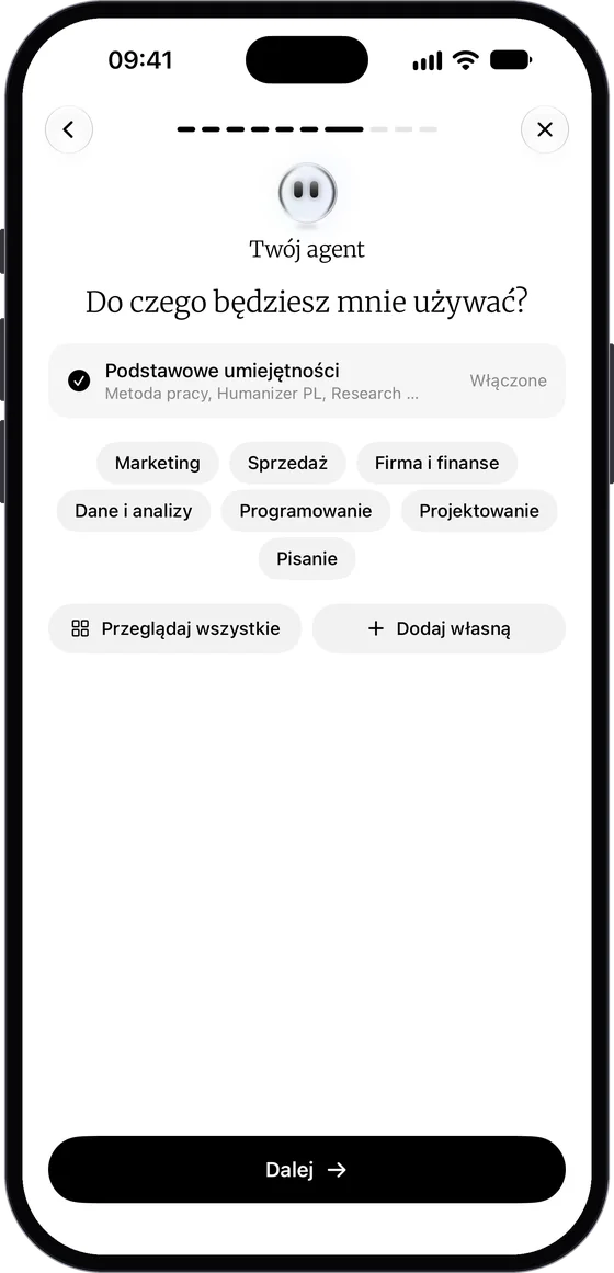 Ekran „Do czego będziesz mnie używać?”: włączone podstawowe umiejętności, dziedziny od marketingu po pisanie i przyciski „Przeglądaj wszystkie” oraz „Dodaj własną”