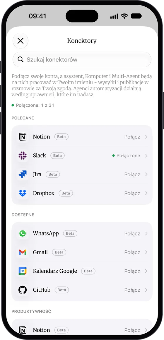 Ekran „Konektory” w aplikacji DomaAI na iPhonie: wyszukiwarka, licznik „Połączone: 1 z 31”, sekcja „Polecane” z Notion, połączonym Slackiem, Jirą i Dropboxem oraz sekcja „Dostępne” z WhatsAppem, Gmailem, Kalendarzem Google i GitHubem