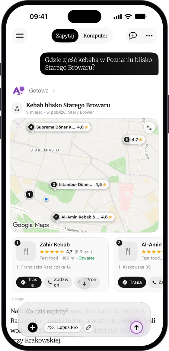 Karta „Kebab blisko Starego Browaru”: mapa Poznania z pięcioma numerowanymi pinezkami, pod nią karty lokali z oceną, odległością, napisem „Otwarte” i przyciskami Trasa oraz Zadzwoń