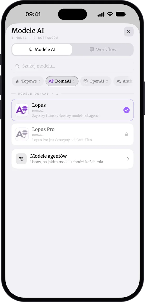 Arkusz „Modele AI” w DomaAI, grupa DomaAI: karta Lopus zaznaczona, karta Lopus Pro z kłódką i dopiskiem „Lopus Pro jest dostępny od planu Plus.”, pod nimi wiersz „Modele agentów”