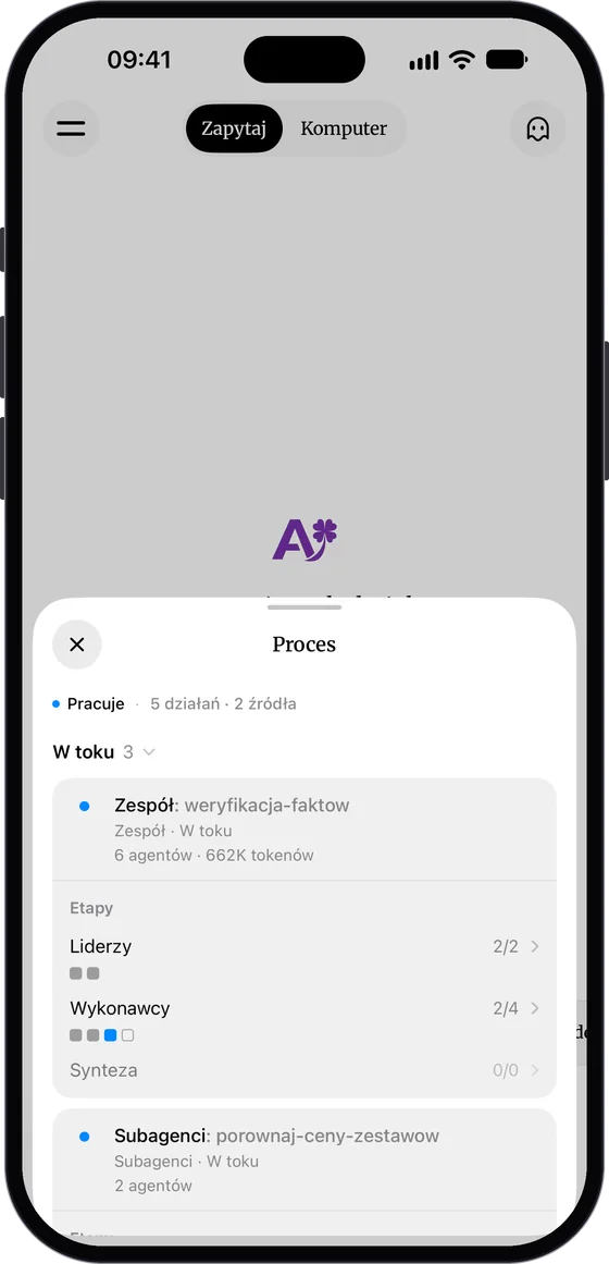 Arkusz „Proces” podczas pracy: „Pracuje · 5 działań · 2 źródła”, sekcja „W toku 3”, karta „Zespół: weryfikacja-faktow” z etapami Liderzy 2/2, Wykonawcy 2/4 i Synteza 0/0, pod nią karta „Subagenci”