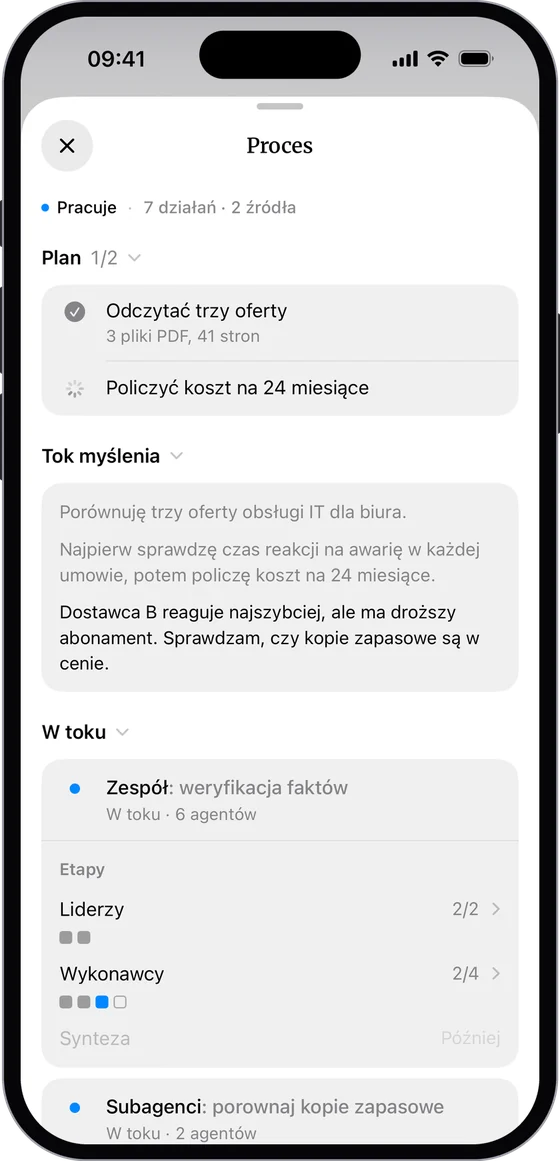 List Proces v aplikaci DomaAI během práce: plán s odškrtnutými kroky, myšlenkový postup agenta porovnávajícího tři nabídky IT podpory a tým ověřování faktů v běhu