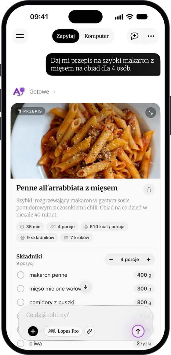 Karta przepisu „Penne all'arrabbiata z mięsem” w rozmowie DomaAI: zdjęcie dania, 35 min, 4 porcje, 610 kcal na porcję, 9 składników, 7 kroków i lista składników z przełącznikiem liczby porcji
