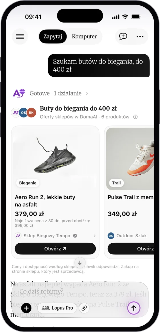 Karta nabídek v DomaAI: běžecké boty do 400 PLN z obchodů připojených v Konektorech, s cenou, nejnižší cenou za 30 dní a tlačítkem Otevřít