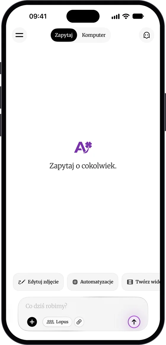 Ekran startowy DomaAI: przełącznik „Zapytaj | Komputer”, napis „Zapytaj o cokolwiek.”, kafle „Edytuj zdjęcie”, „Automatyzacje” i „Twórz wideo”, pole „Co dziś robimy?” i pigułka „Lopus”
