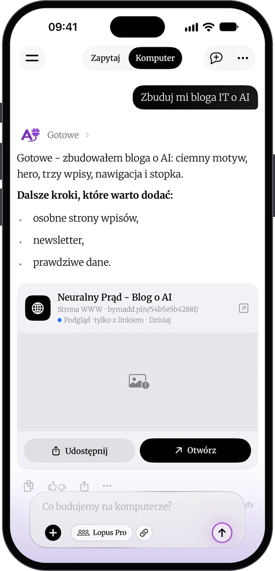 Tryb Komputer w DomaAI: polecenie „Zbuduj mi bloga IT o AI”, odpowiedź agenta z listą dalszych kroków i karta strony bloga „Neuralny Prąd” w podglądzie z przyciskami Udostępnij i Otwórz