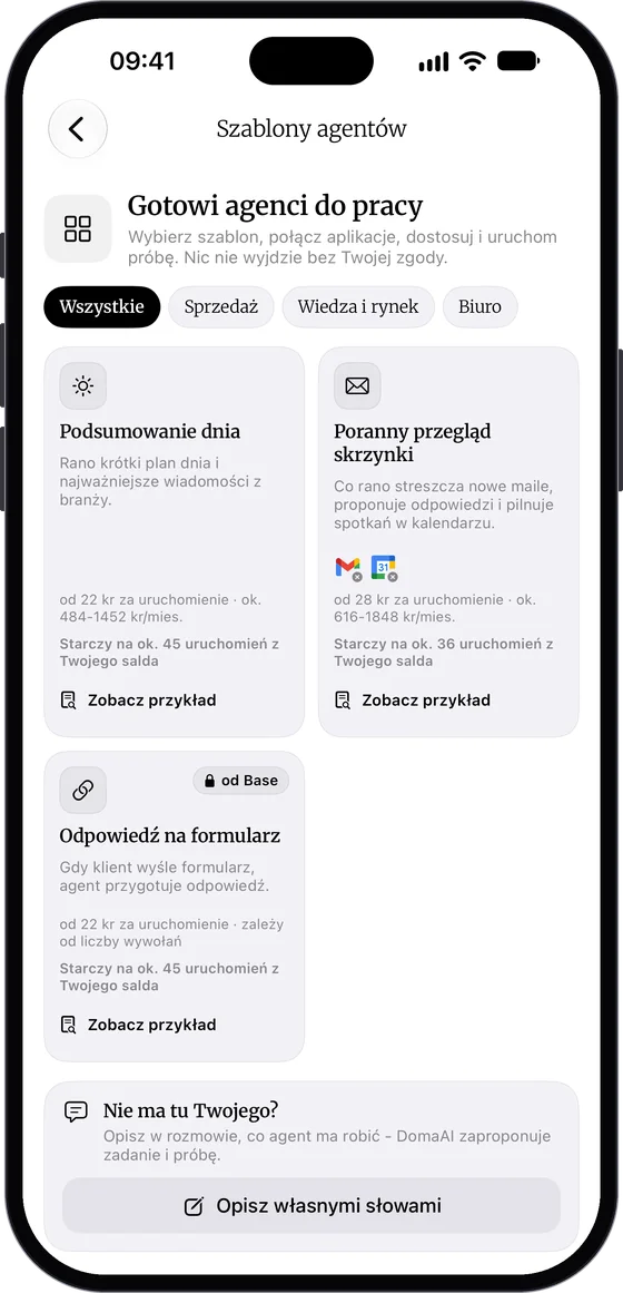 Galeria „Szablony agentów” z nagłówkiem „Gotowi agenci do pracy”, kategoriami Wszystkie, Sprzedaż, Wiedza i rynek, Biuro oraz kartami szablonów z kosztem uruchomienia i przyciskiem „Zobacz przykład”