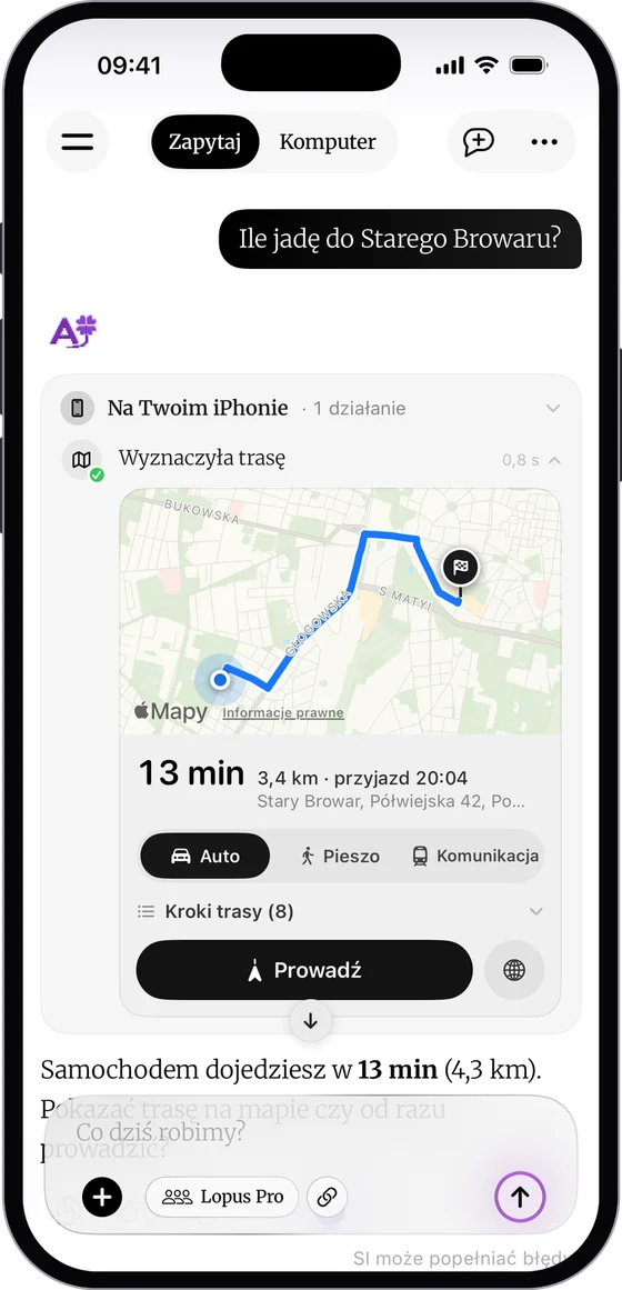 Karta trasy v DomaAI: mapa s trasou na Stary Browar, 13 minut autem, přepínač Auto, Pěšky a MHD a tlačítko Navigovat