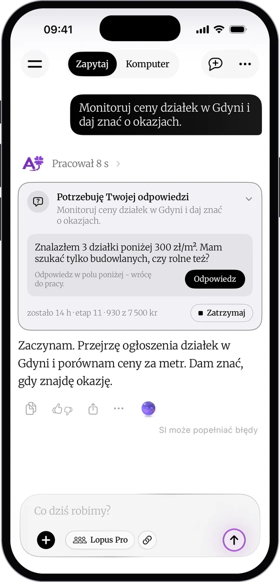Úkol na pozadí v aplikaci DomaAI: agent sleduje ceny pozemků v Gdyni, našel tři pod 300 PLN za metr a ptá se, zda hledat jen stavební