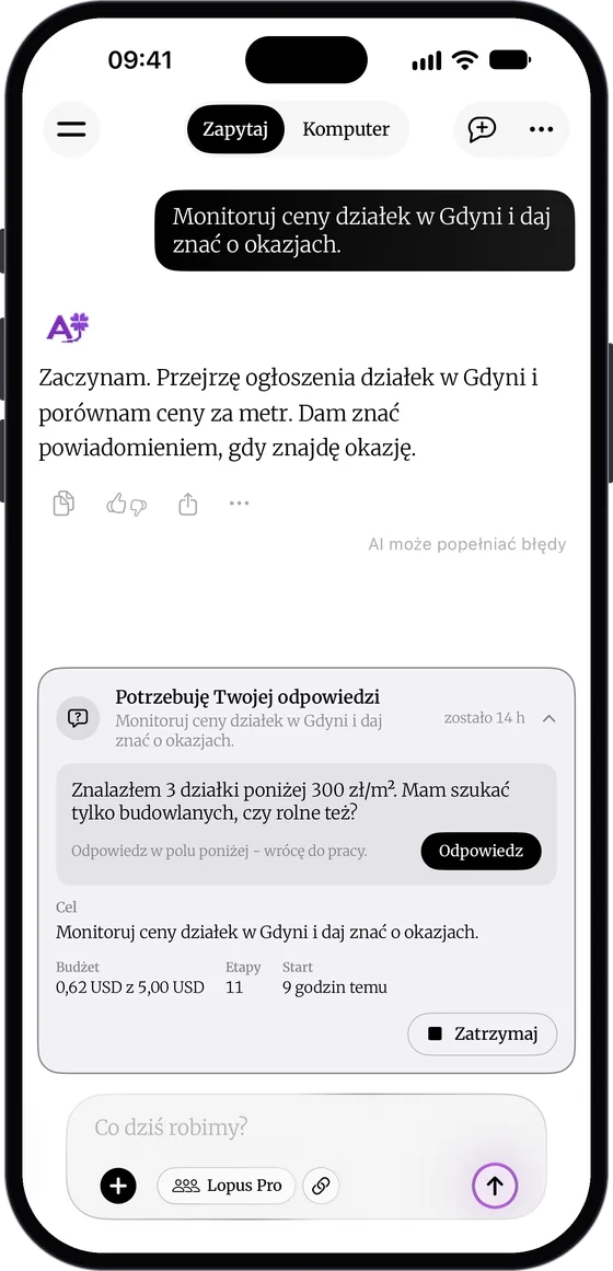 Pasek „Potrzebuję Twojej odpowiedzi” przy zadaniu monitorowania cen działek w Gdyni: pytanie agenta o rodzaj działek, przycisk „Odpowiedz”, budżet 0,62 USD z 5,00 USD, 11 etapów i start 9 godzin temu