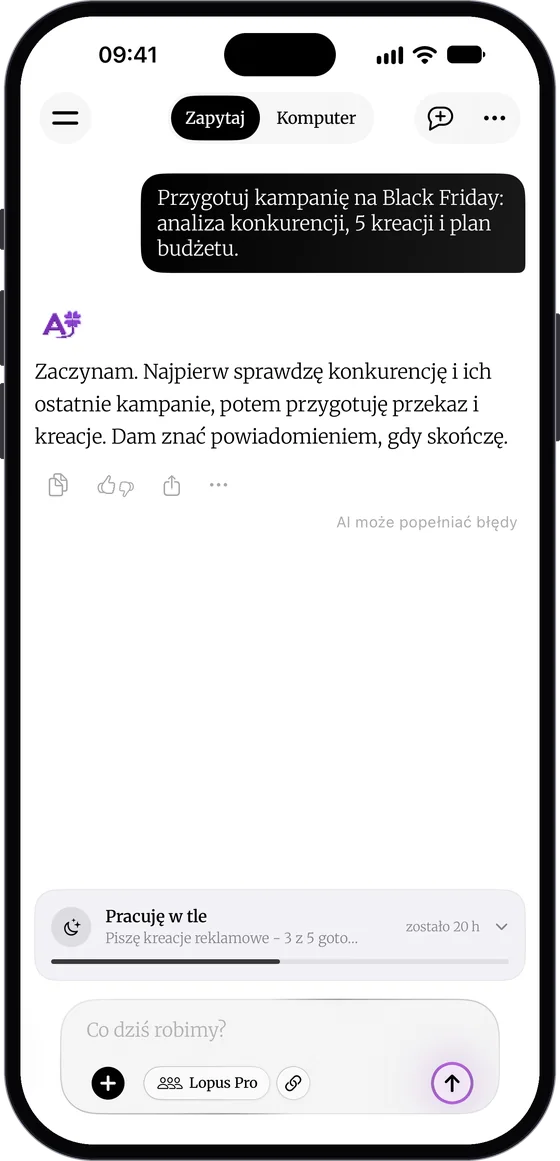 Rozmowa z poleceniem kampanii na Black Friday i zwinięty pasek „Pracuję w tle” nad polem wiadomości: opis bieżącego kroku, „zostało 20 h” i pasek postępu