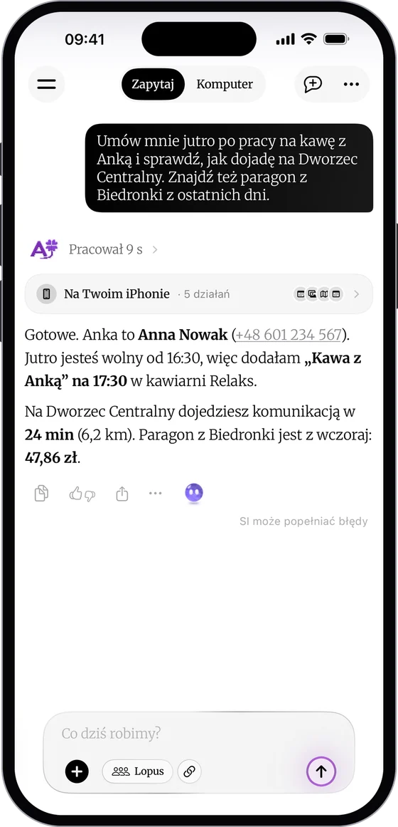 Hotová odpověď DomaAI: schůzka s Annou Nowak přidána na 17:30, cesta na Hlavní nádraží MHD za 24 minut a účtenka z Biedronky na 47,86 PLN
