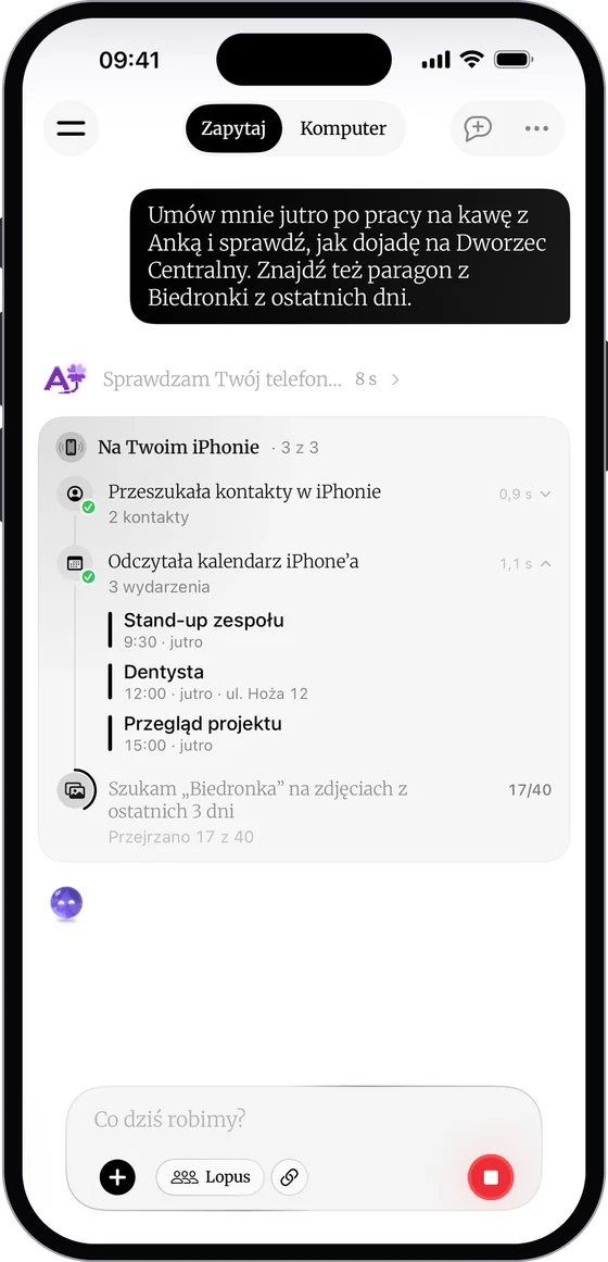 Karta Na tvém iPhone v odpovědi DomaAI: agent prohledal kontakty, přečetl tři zítřejší události z kalendáře a prochází fotky, aby našel účtenku z Biedronky