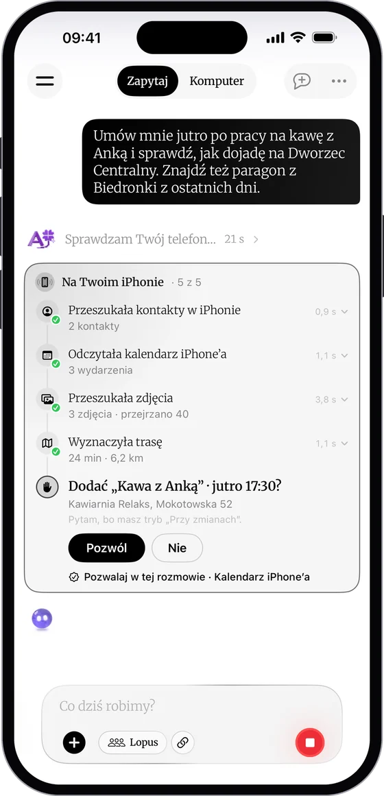 Žádost o souhlas v odpovědi DomaAI: přidat Káva s Ankou zítra v 17:30 v Kavárně Relaks, s tlačítky Povolit a Ne a volbou Povolovat v tomto rozhovoru