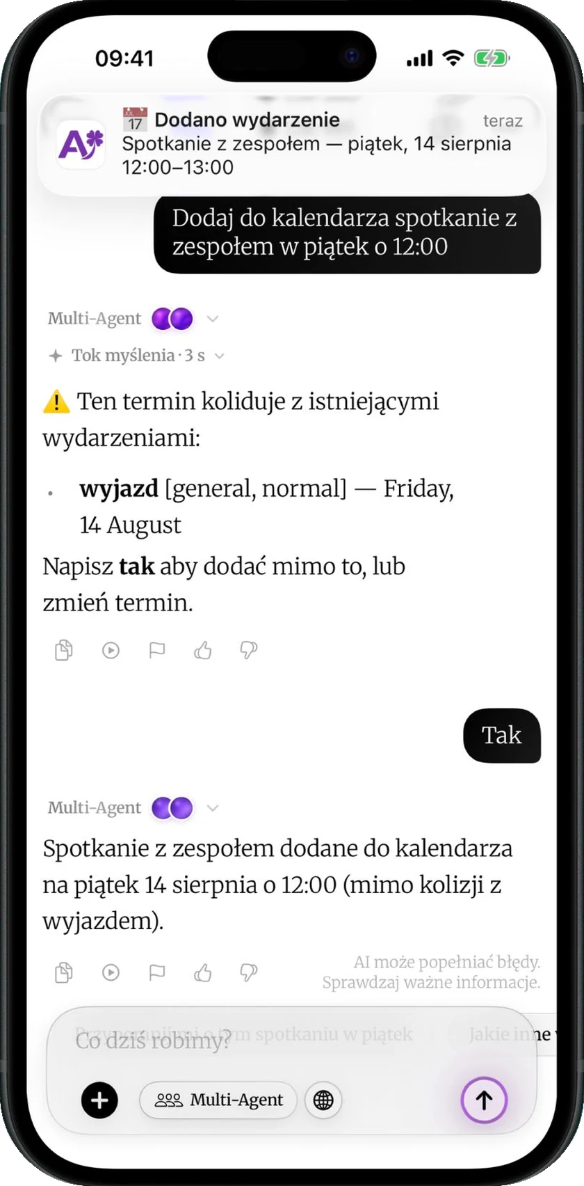 Multi-Agent dodaje spotkanie do kalendarza i ostrzega o kolizji