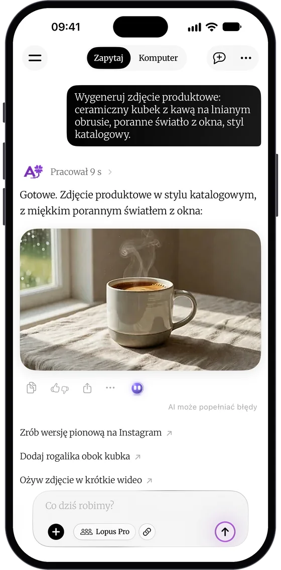DomaAI na iPhonie: zdjęcie produktowe kubka z kawą wygenerowane z jednego zdania w rozmowie