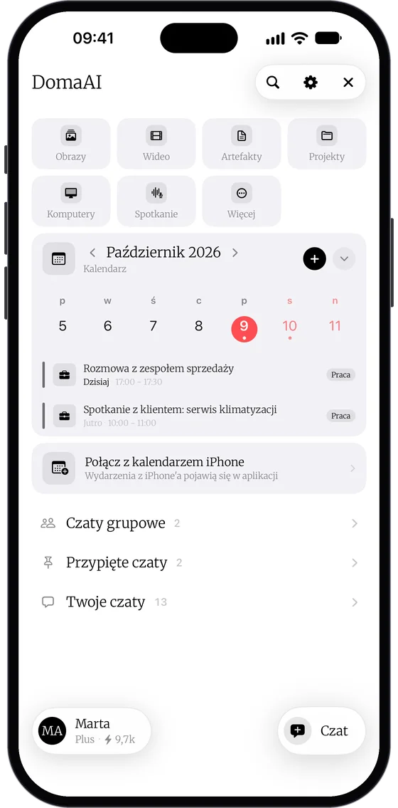 Panel DomaAI na iPhone: obrázky, video, artefakty, projekty, kalendář a chaty