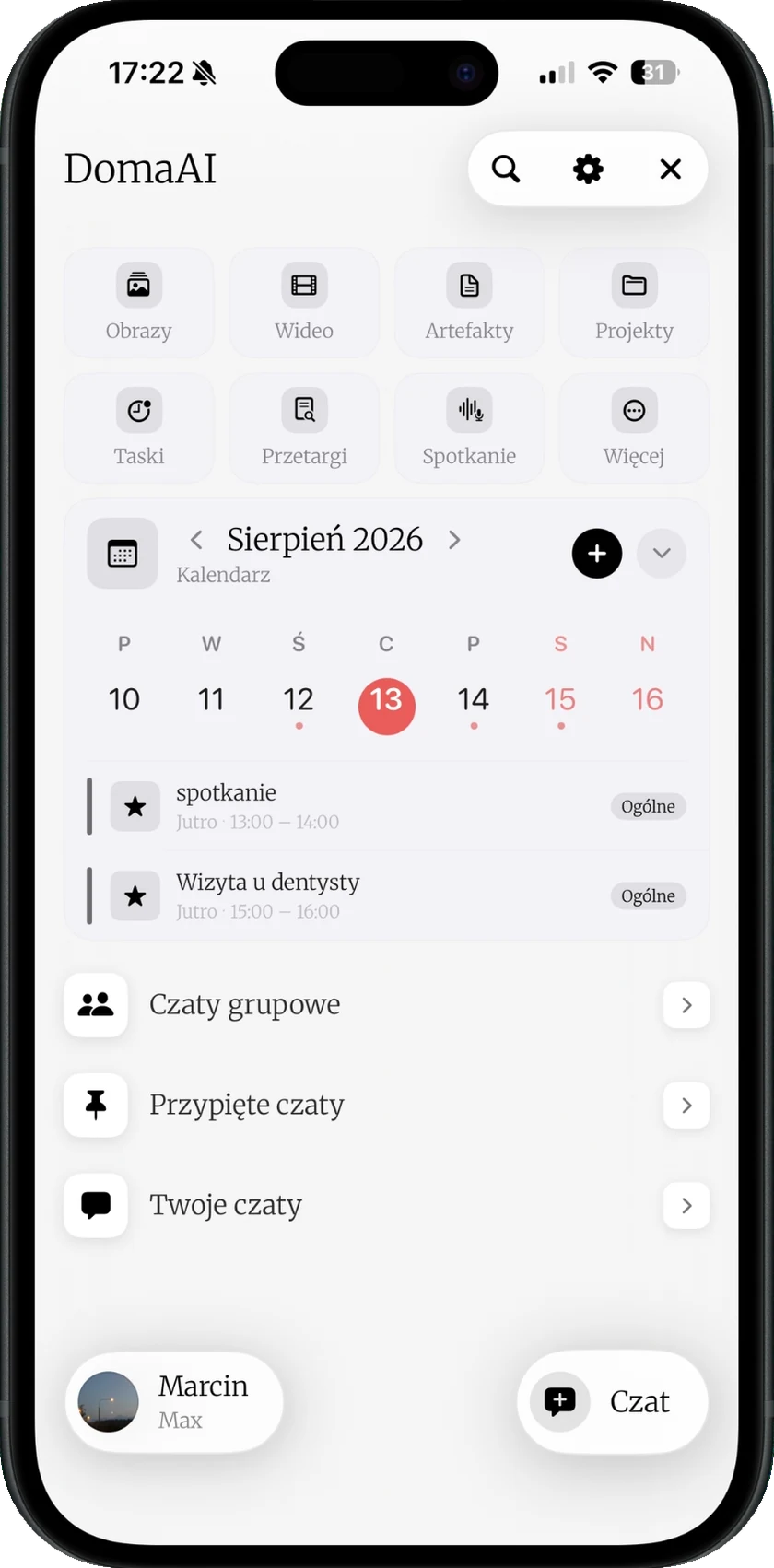 Panel DomaAI z biblioteką obrazów, wideo, projektów i czatów