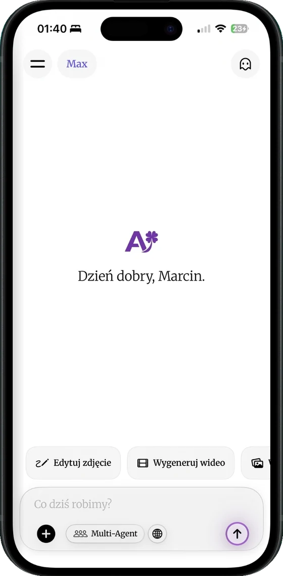 Ekran startowy DomaAI na iPhonie z polem „Co dziś robimy?” i przełącznikiem Multi-Agent