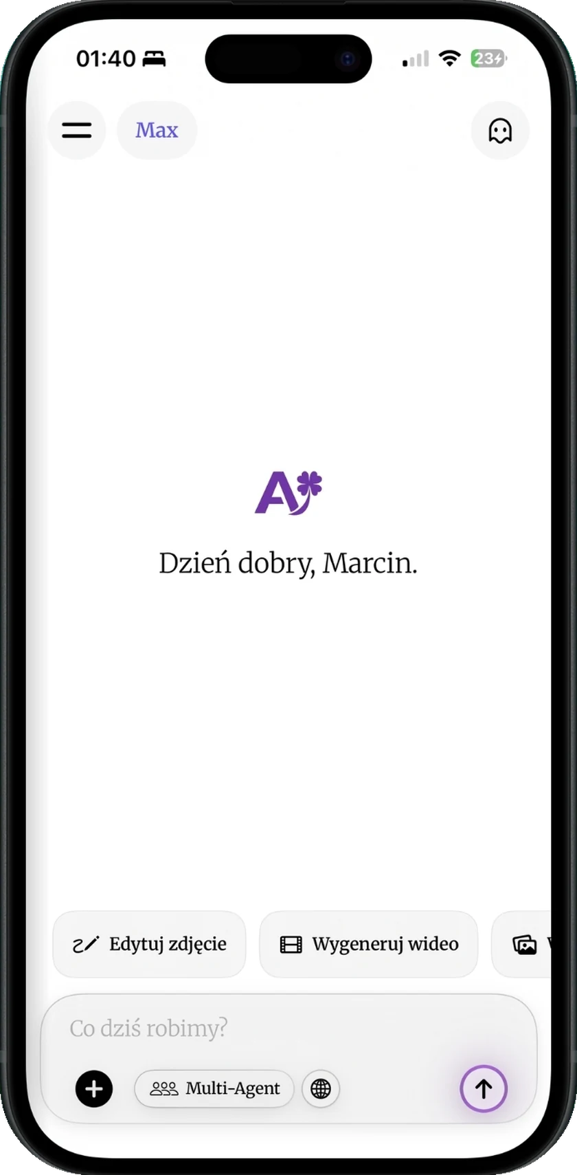 Aplikacja DomaAI na iPhonie: ekran powitalny z licznikiem kredytów, skrótami i polem rozmowy z przełącznikiem Multi-Agent