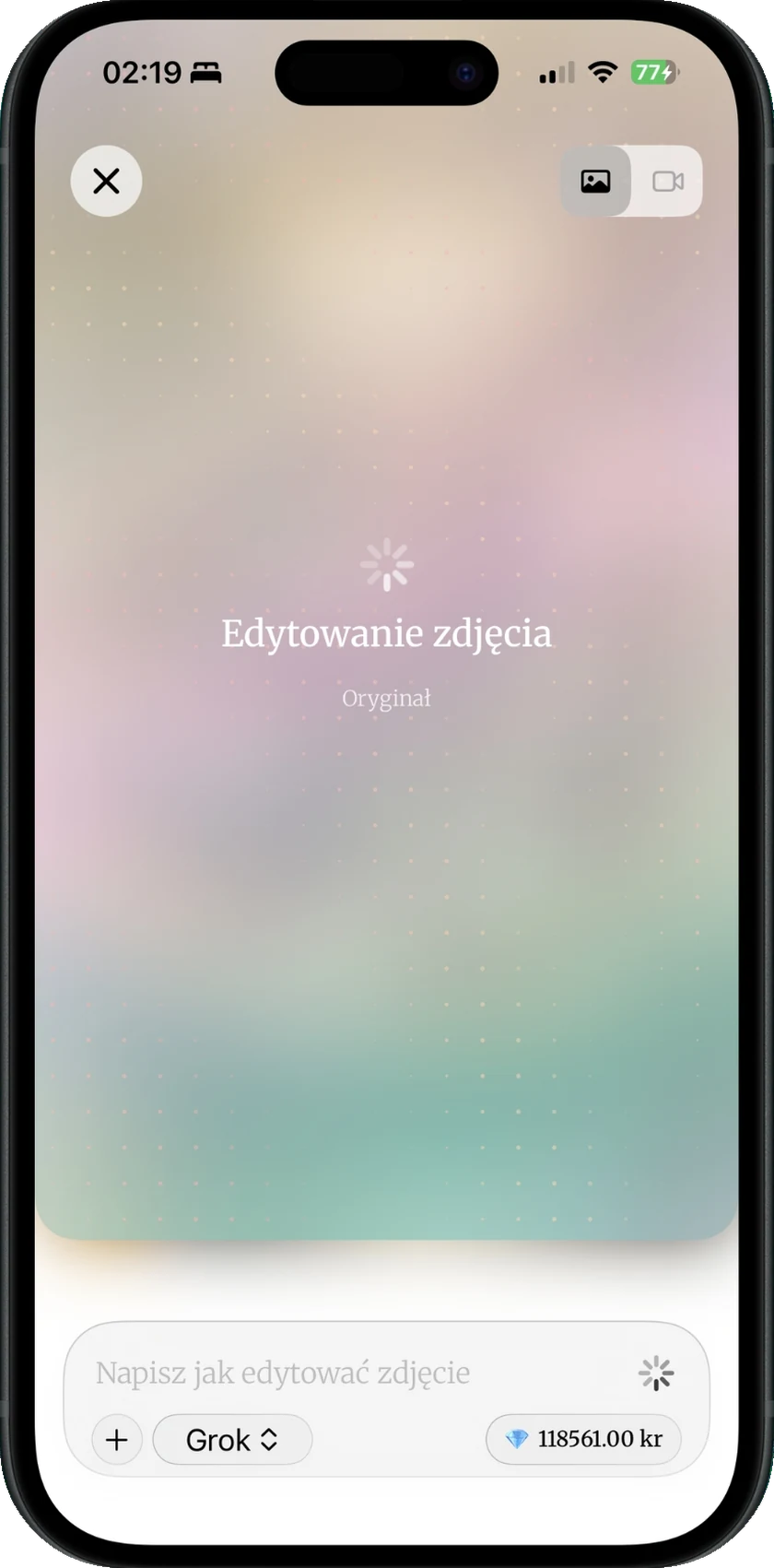Ekran edycji zdjęcia w DomaAI z przełącznikiem zdjęcie/wideo
