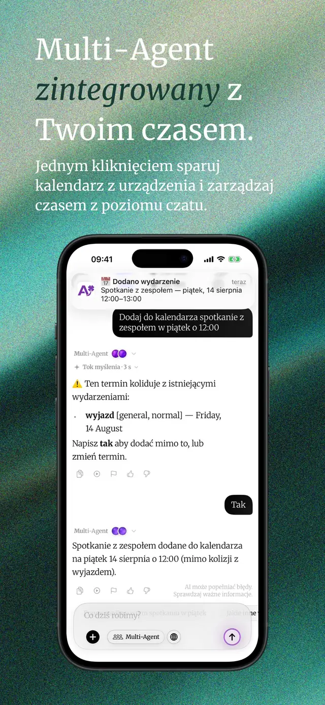 Multi-Agent dodaje spotkanie do kalendarza i ostrzega o kolizji terminów