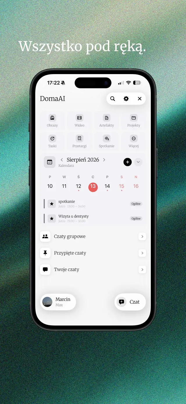 Panel DomaAI z biblioteką obrazów, wideo, artefaktów, projektów, spotkań i czatów